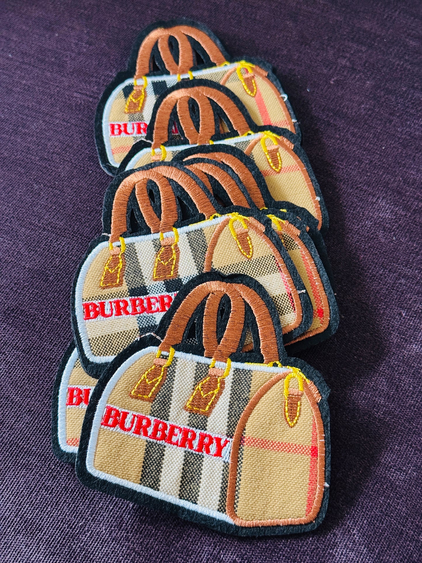 luxury inspired embroidered patches, designer aesthetic patches, Burberry style inspired patch, fashion handbag embroidered patch