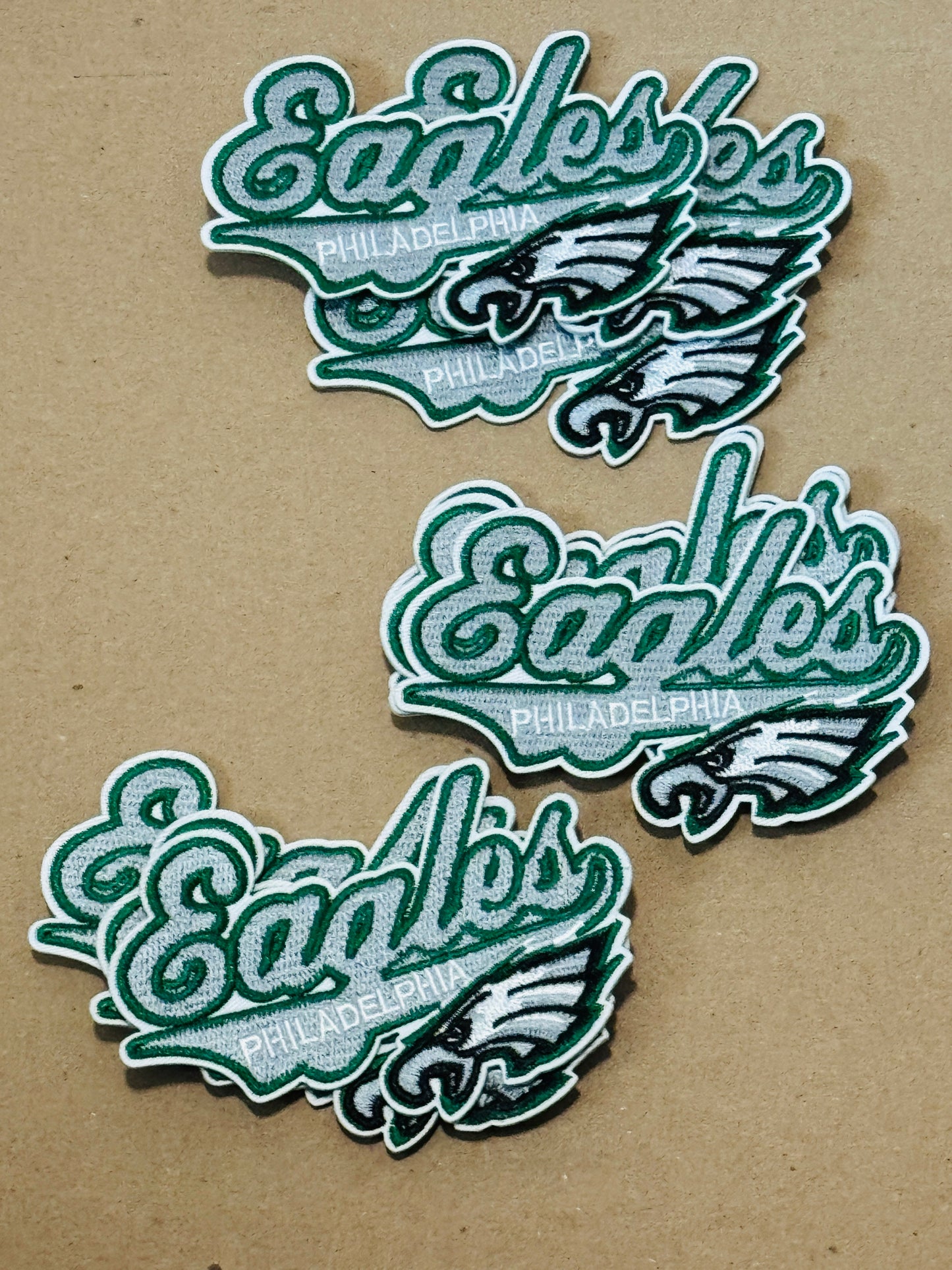 Eagles embroidery patch, cursive writing with Philadelphia embroidered on it