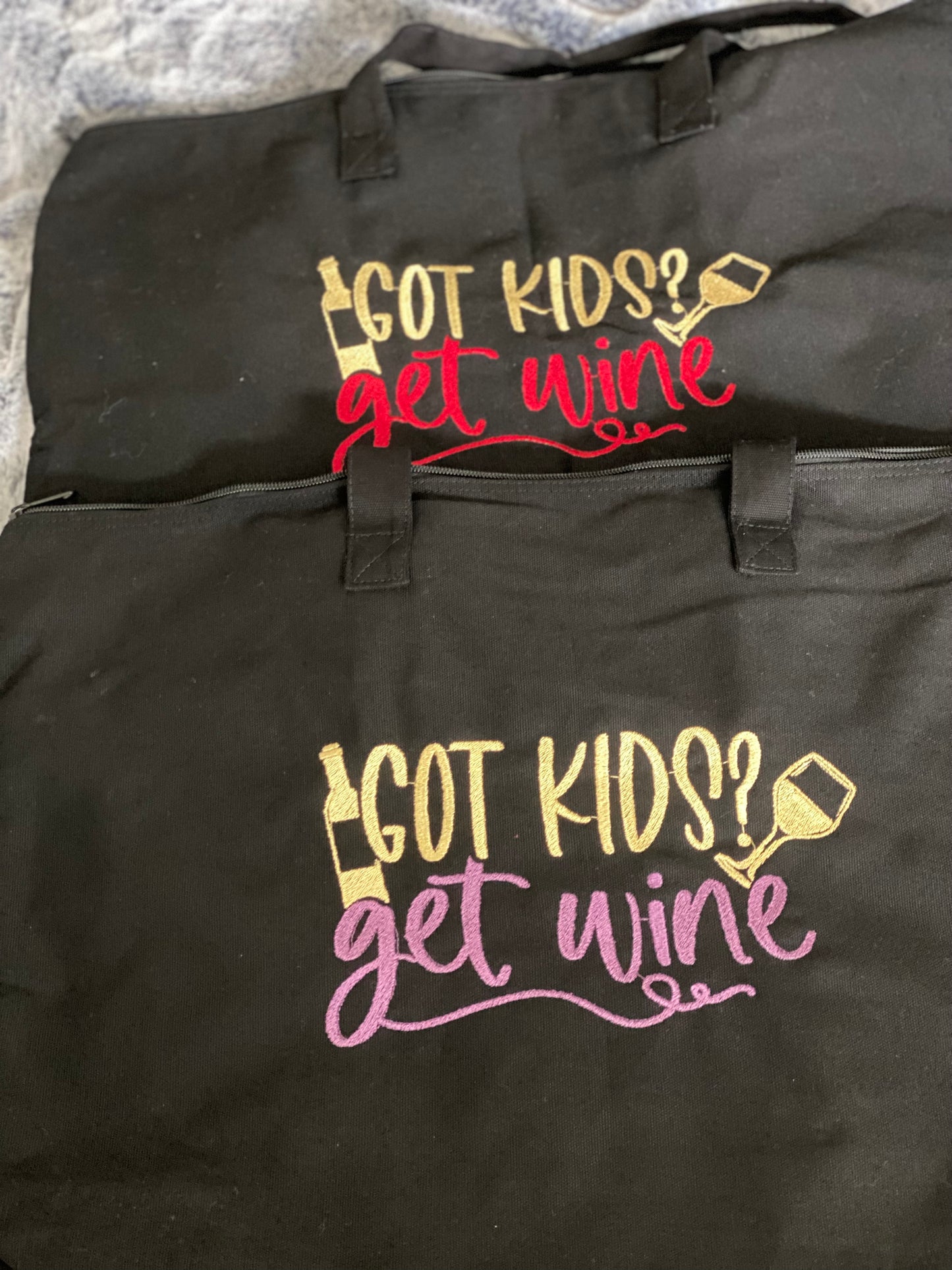 Embroidered Tote Bags- Got Kids? Get wine