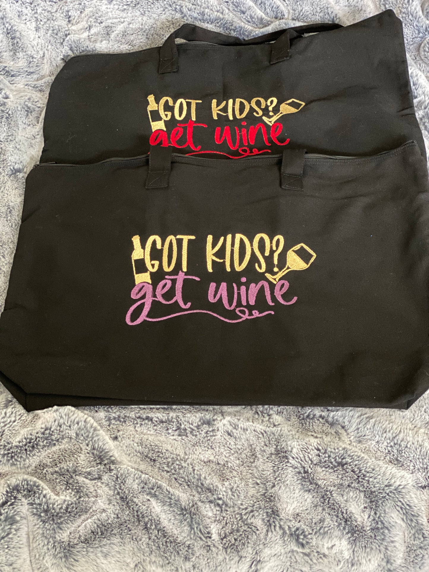 Embroidered Tote Bags- Got Kids? Get wine