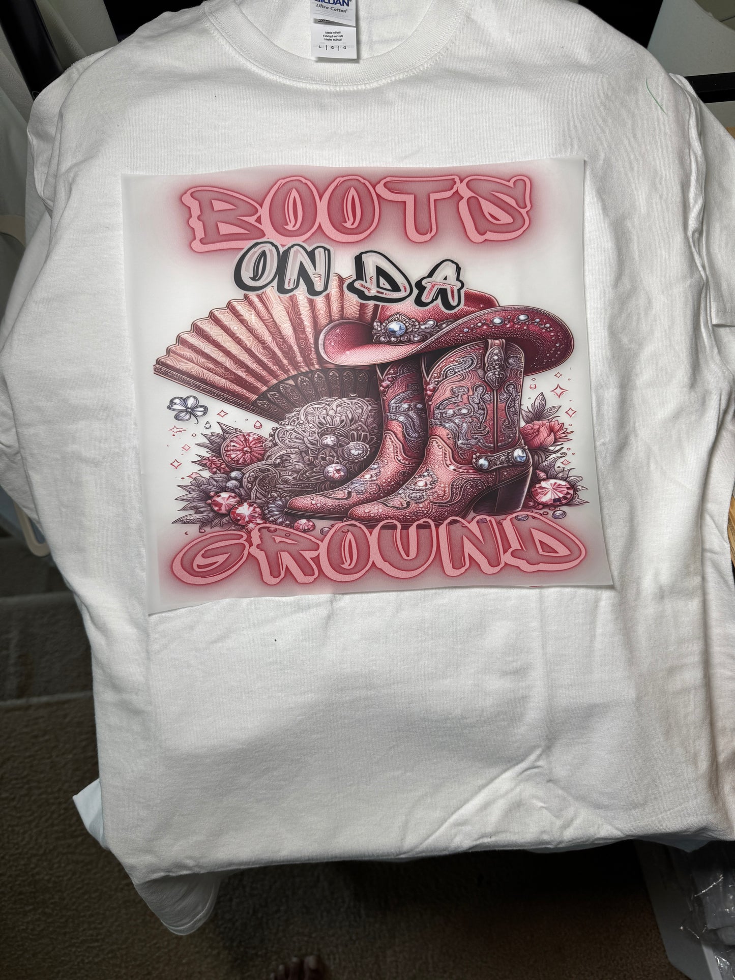Boots on Da Ground shirt with clack fan, boots and hat design