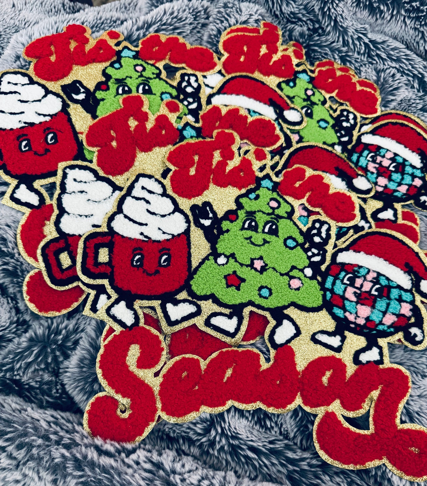 Tis the Season Holiday Patch- hot cocoa, Christmas tree and disco ballchenille design with red lettering
