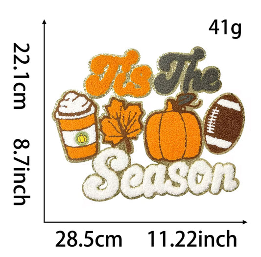 Chenille Tis the Season Fall Patch – Football, Pumpkin & Pumpkin Drink design