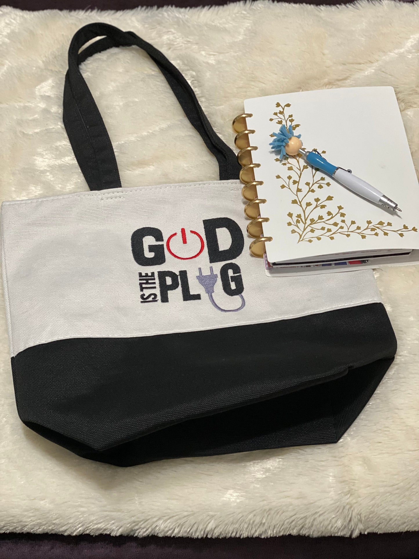 God is the plug embroidery tote bag