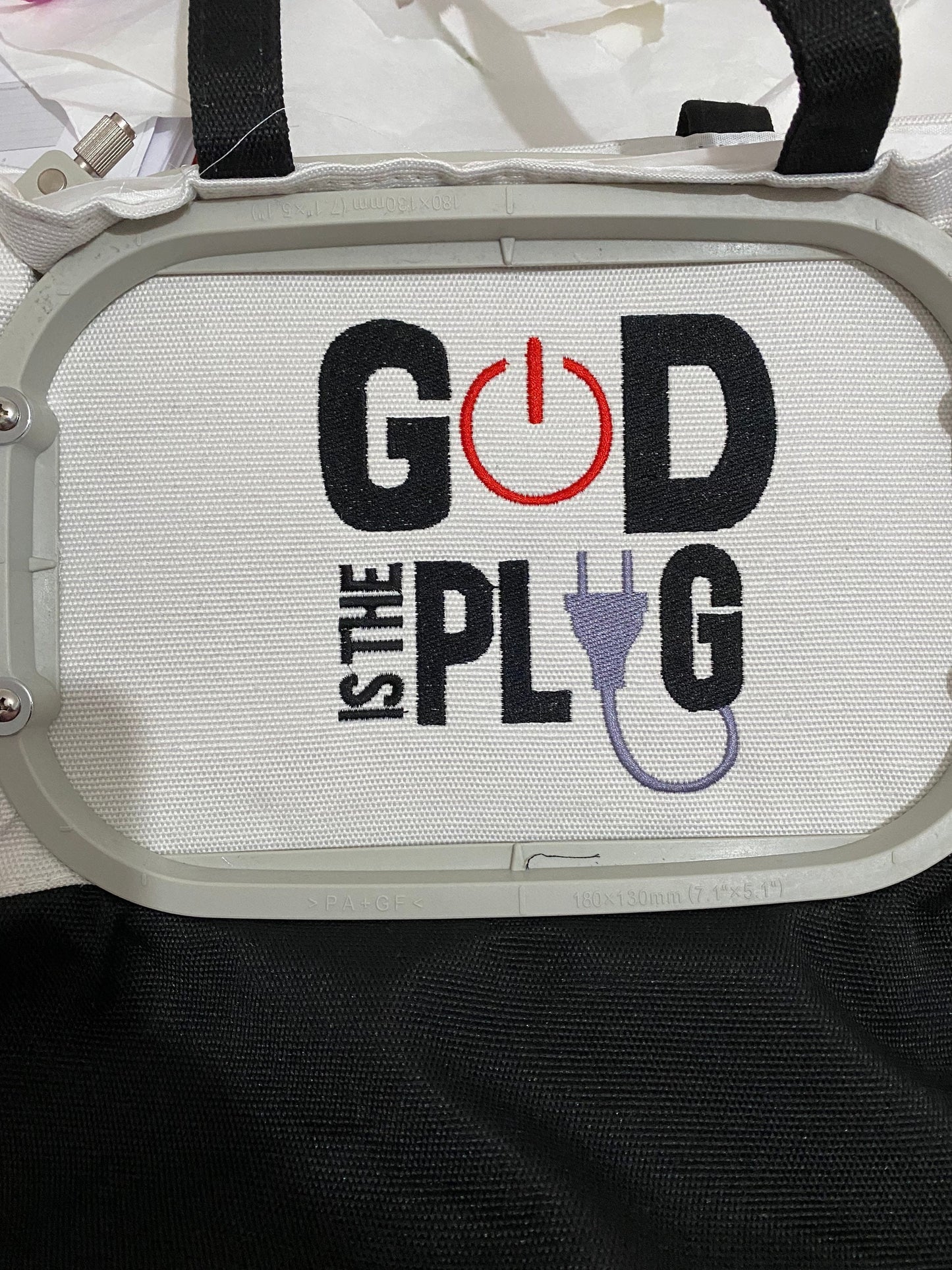 God is the plug embroidery tote bag
