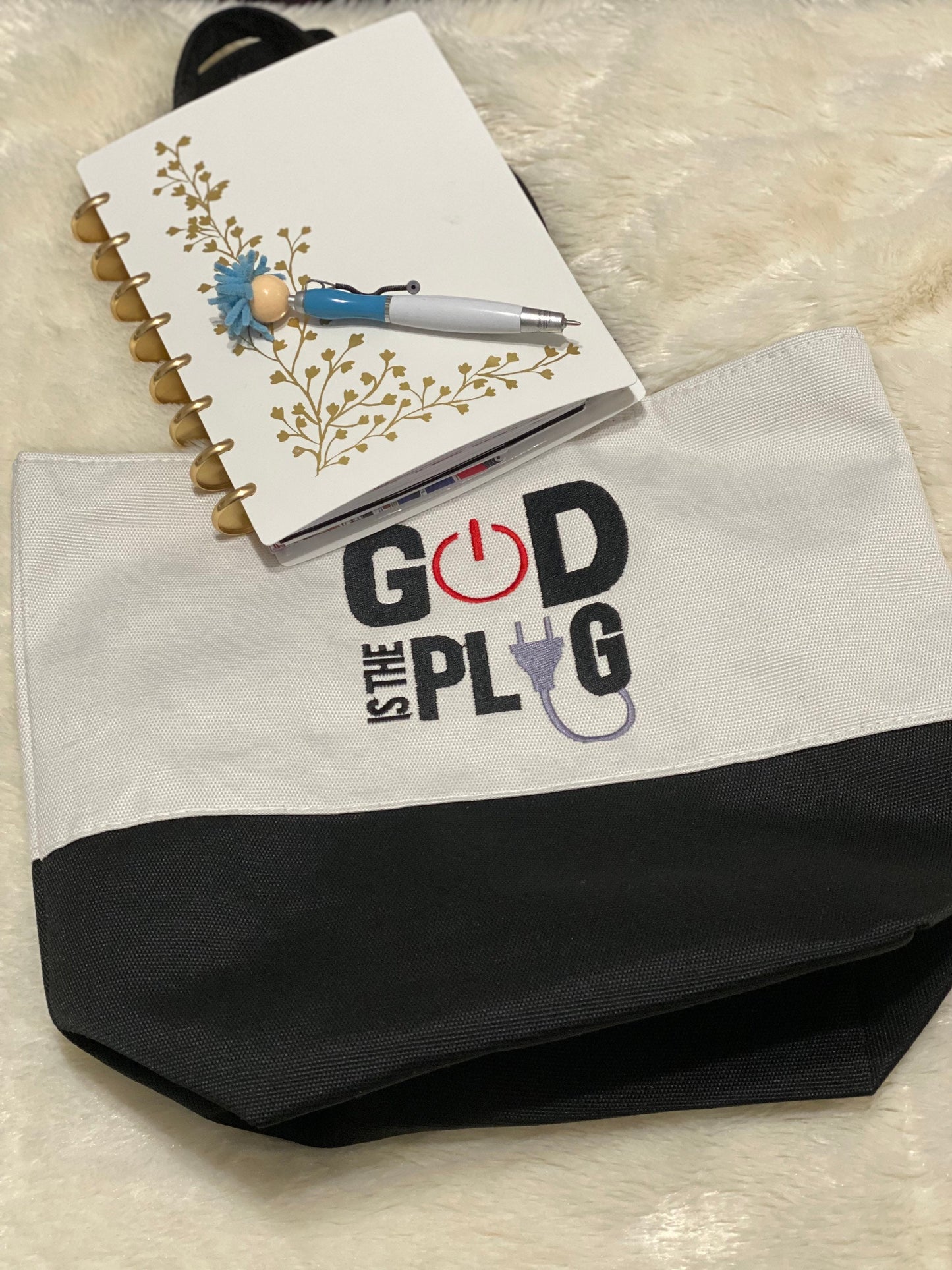 God is the plug embroidery tote bag