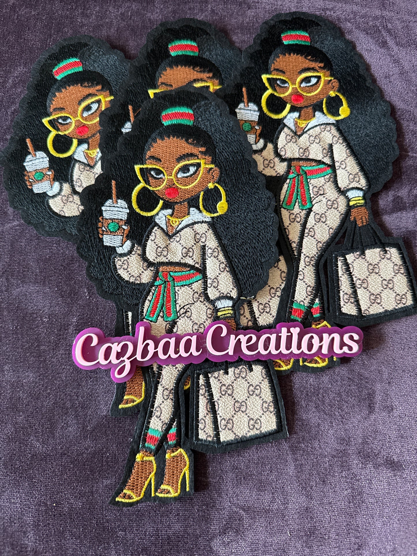 Fashion girl, coffee addict embroidery patch, Starbies, Guc inspired faux leather embroidery patch