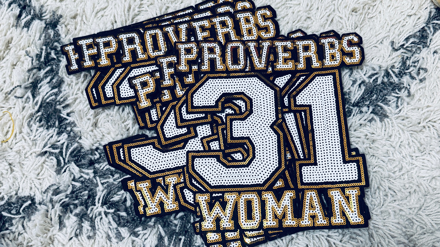Black and Yellow Sequins Proverbs 31 Woman patch, Christian patch, inspirational patch, Christian apparel
