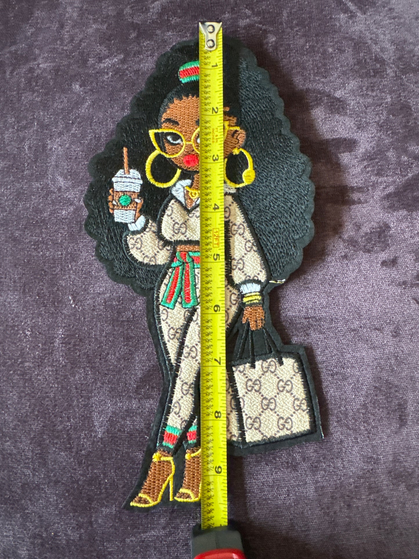 Fashion girl, coffee addict embroidery patch, Starbies, Guc inspired faux leather embroidery patch