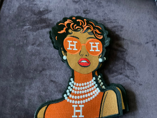 Fashion girl in Orange dress, orange glasses and pearls around the neck embroidery patch,