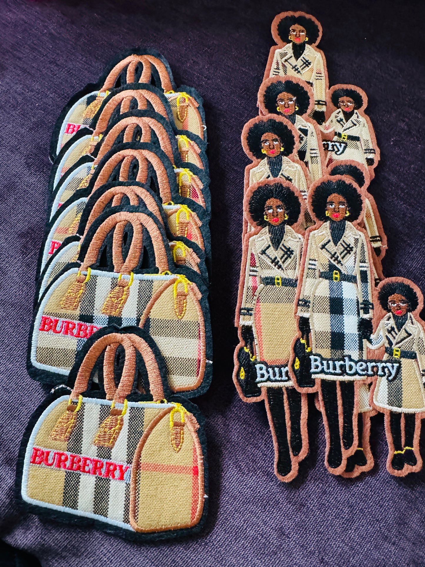 luxury inspired embroidered patches, designer aesthetic patches, Burberry style inspired patch, fashion handbag embroidered patch