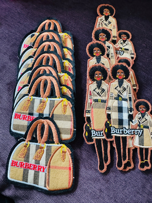 luxury inspired embroidered patches, designer aesthetic patches, Burberry style inspired patch, fashion handbag embroidered patch