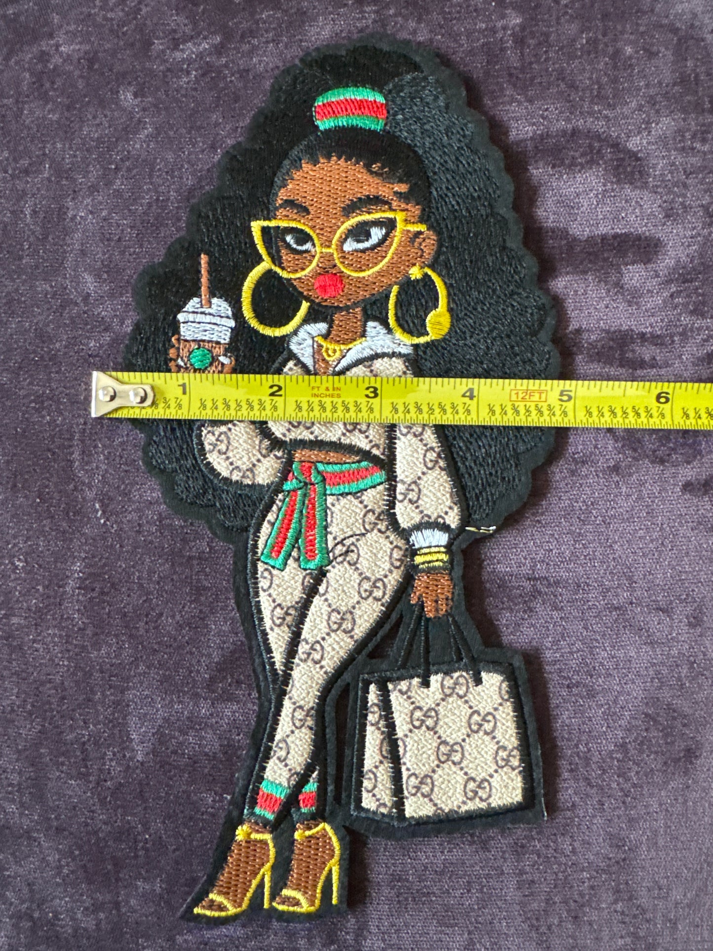 Fashion girl, coffee addict embroidery patch, Starbies, Guc inspired faux leather embroidery patch