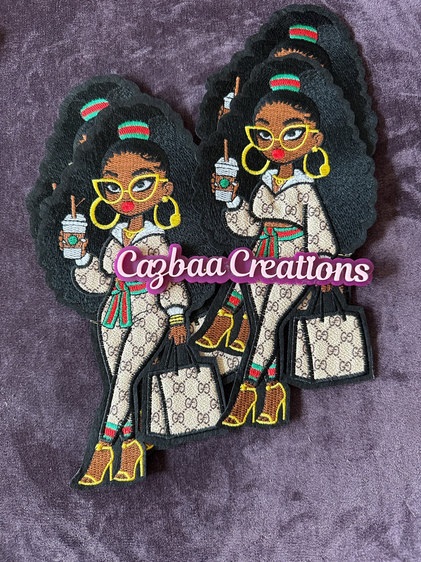 Fashion girl, coffee addict embroidery patch, Starbies, Guc inspired faux leather embroidery patch