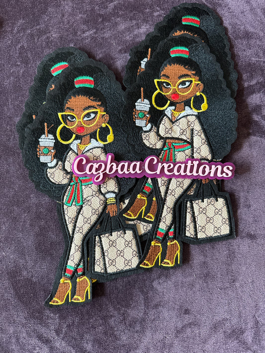 Fashion girl, coffee addict embroidery patch, Starbies, Guc inspired faux leather embroidery patch