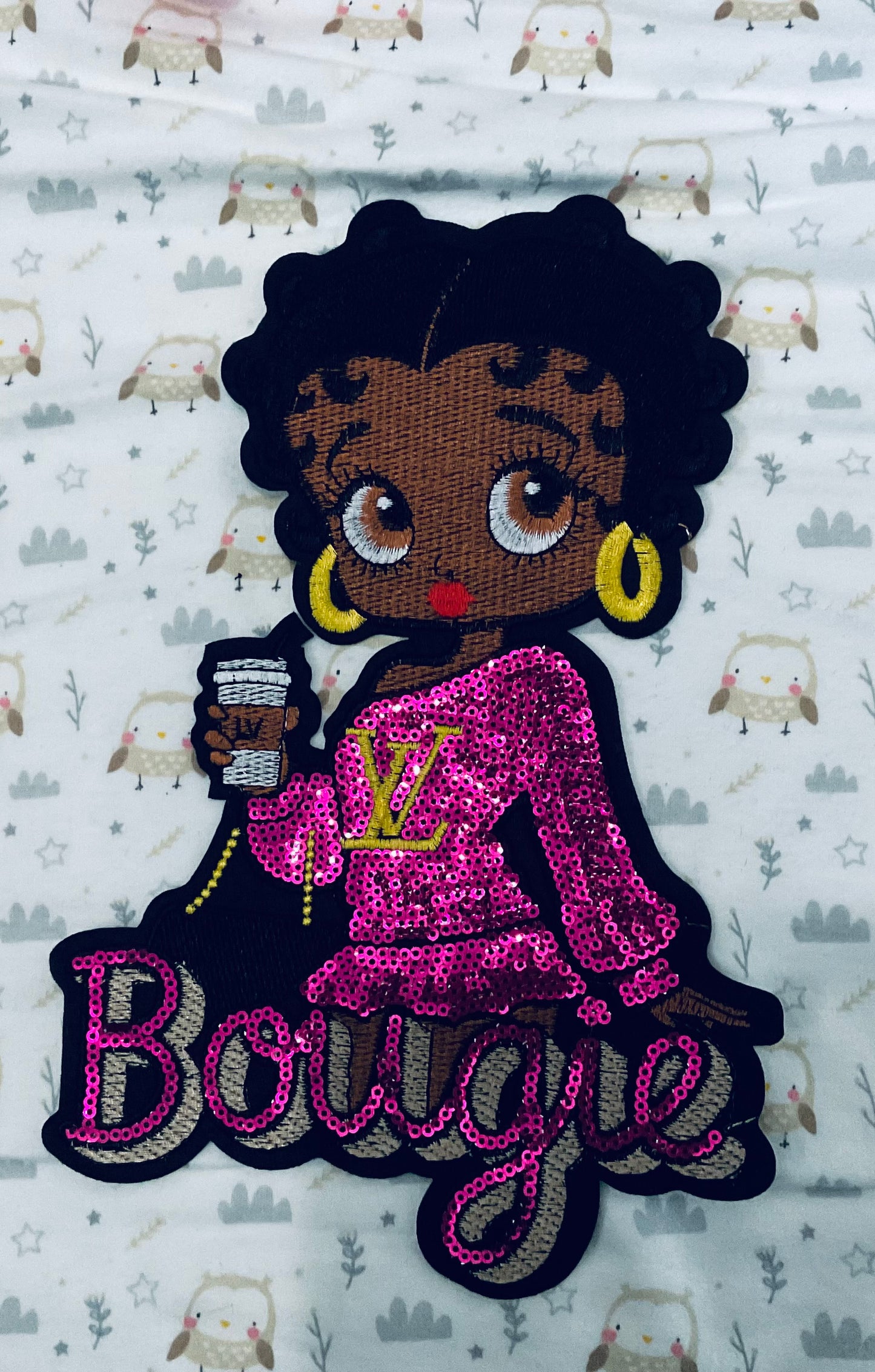 Bougie lady sequin & embroidery appliqué patch, African American woman, sweetheart