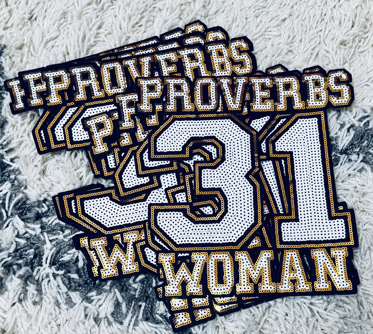 Black and Yellow Sequins Proverbs 31 Woman patch, Christian patch, inspirational patch, Christian apparel
