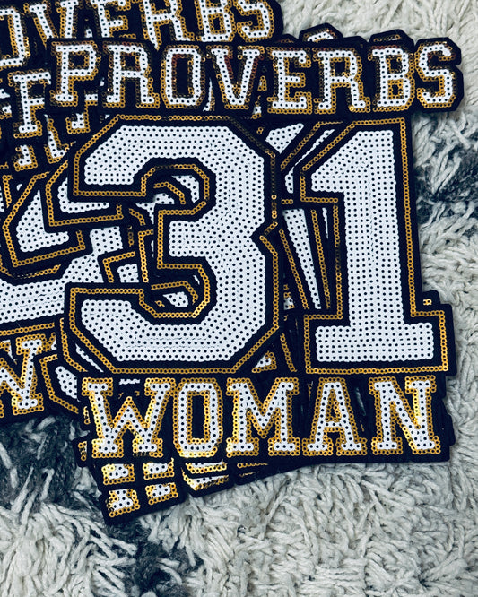 Black and Yellow Sequins Proverbs 31 Woman patch, Christian patch, inspirational patch, Christian apparel