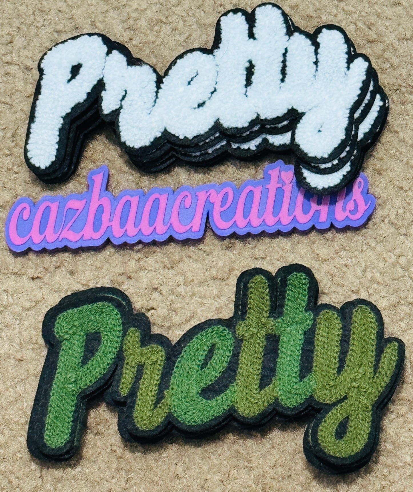 Pretty in white chenille or knitted green patch