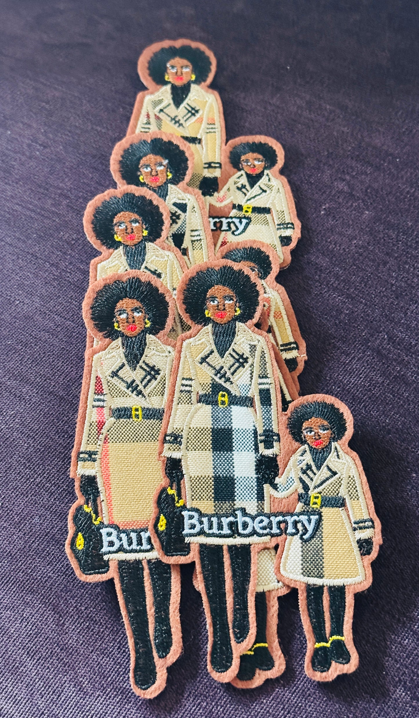 luxury inspired embroidered patches, designer aesthetic patches, Burberry style inspired patch, fashion handbag embroidered patch