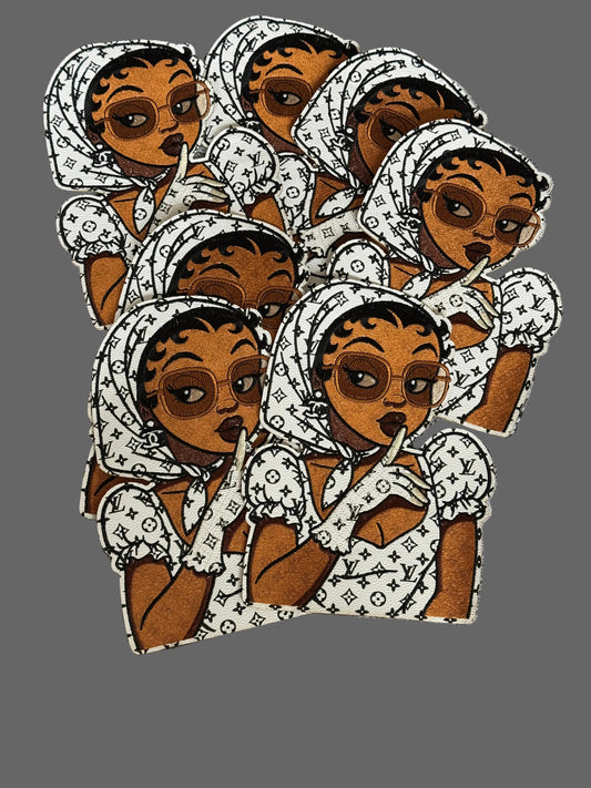 this is a African American Betty wearing a white louie inspired head scarf, gloves and shirt