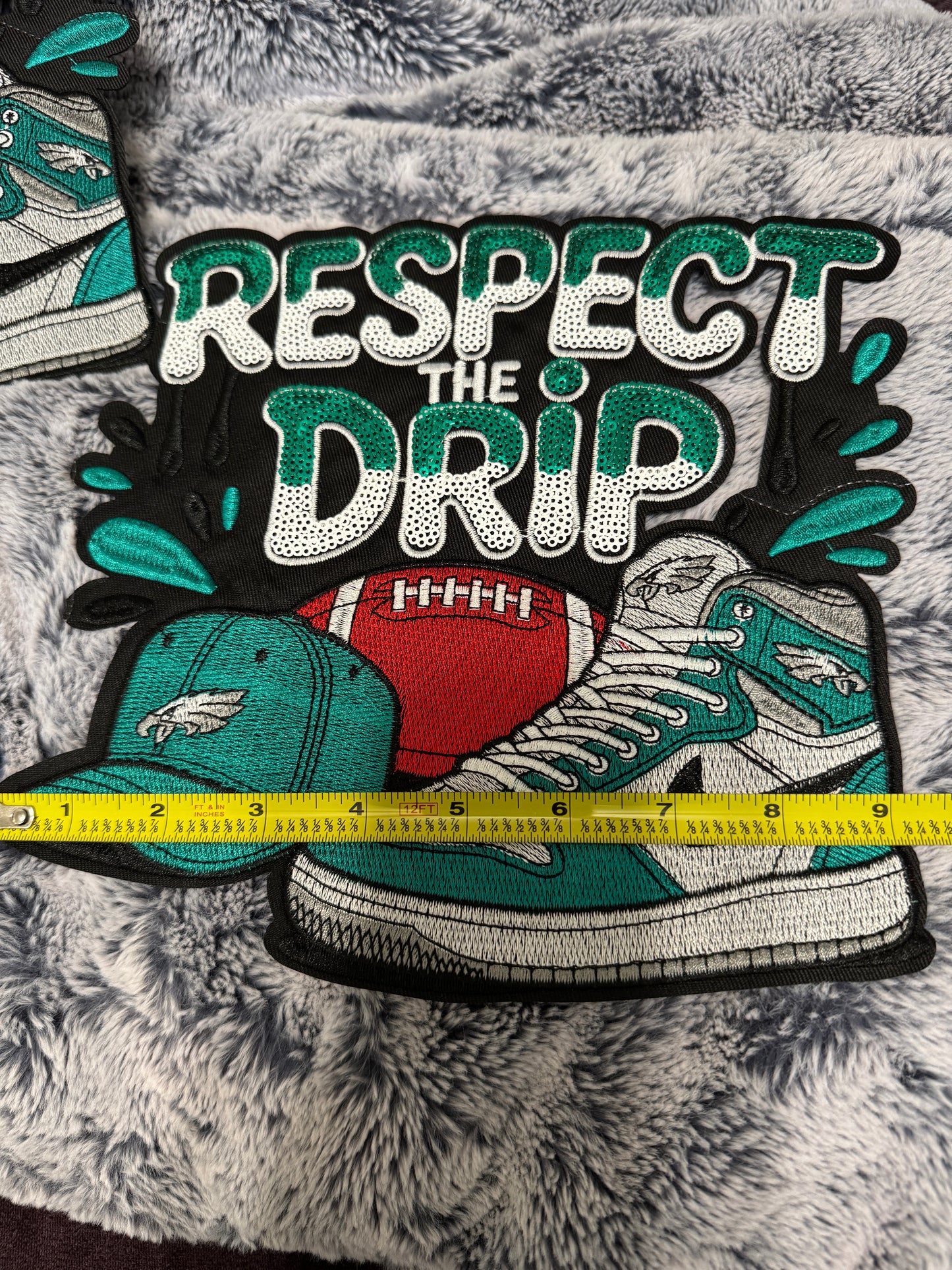 Respect the drip sequins patch, football, hat and sneakers design