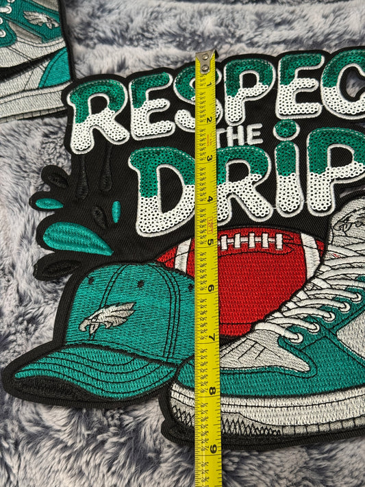 Respect the drip sequins patch, football, hat and sneakers design