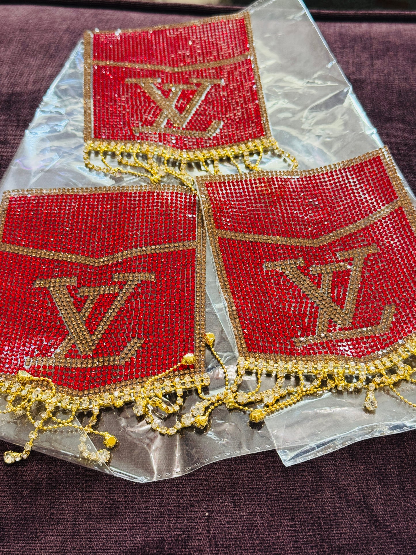 LV Pocket Rhinestones - red trimmed in gold