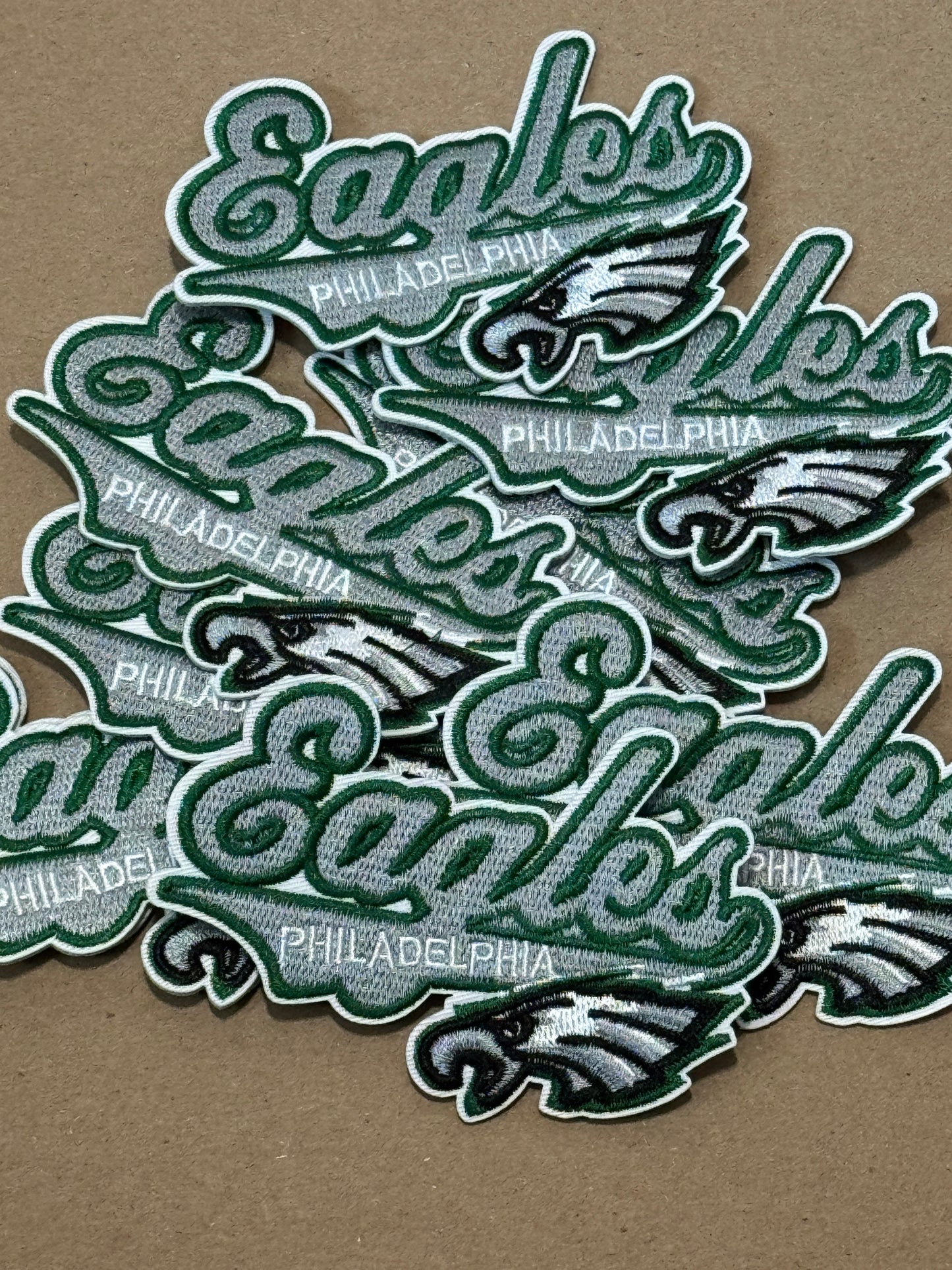 Eagles embroidery patch, cursive writing with Philadelphia embroidered on it