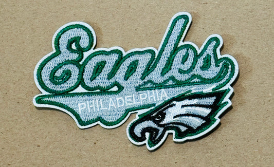 Eagles embroidery patch, cursive writing with Philadelphia embroidered on it