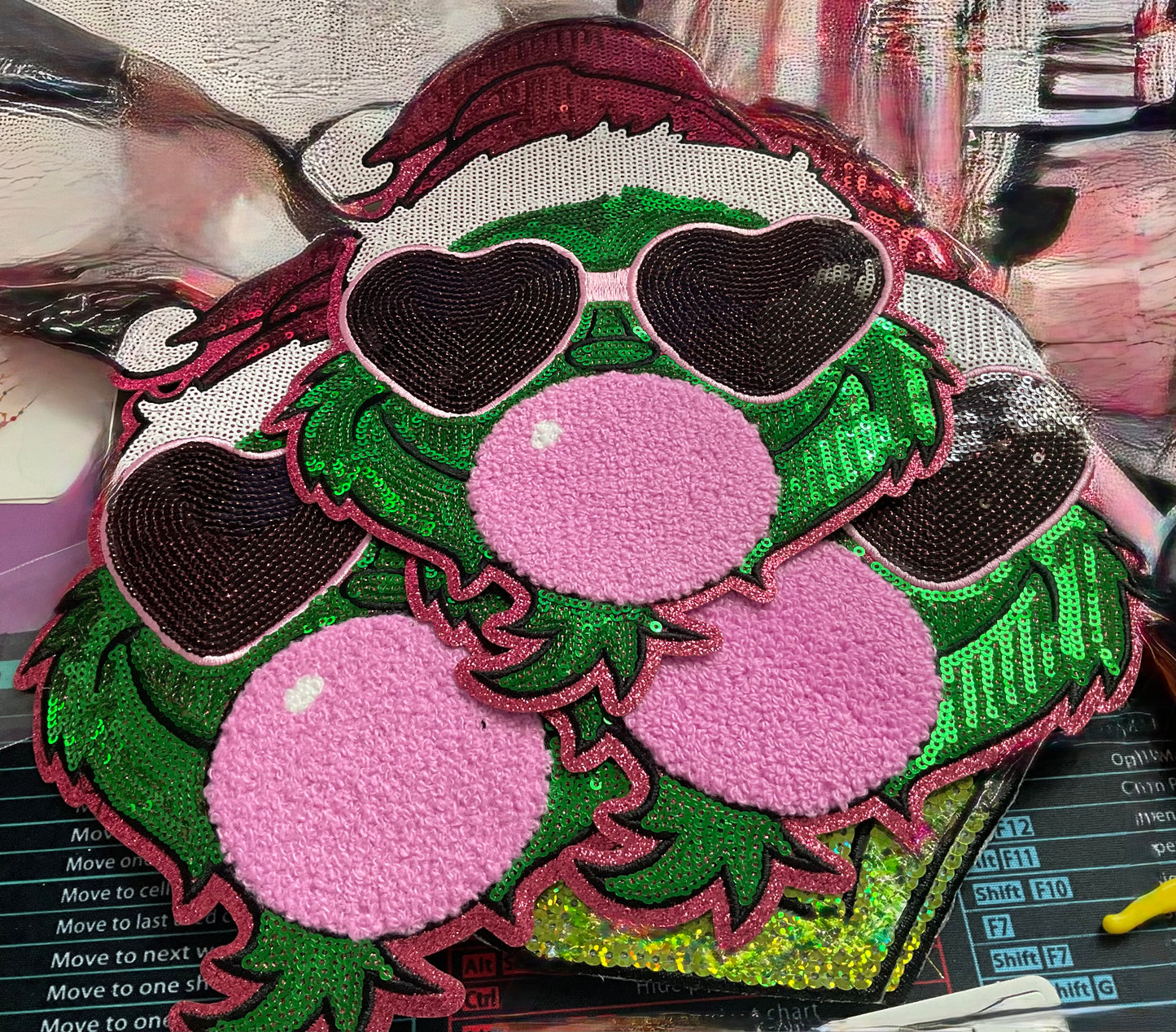 Inspired Grinch-like Sequined patch - Pink Glasses and Chenille Bubblegum patch