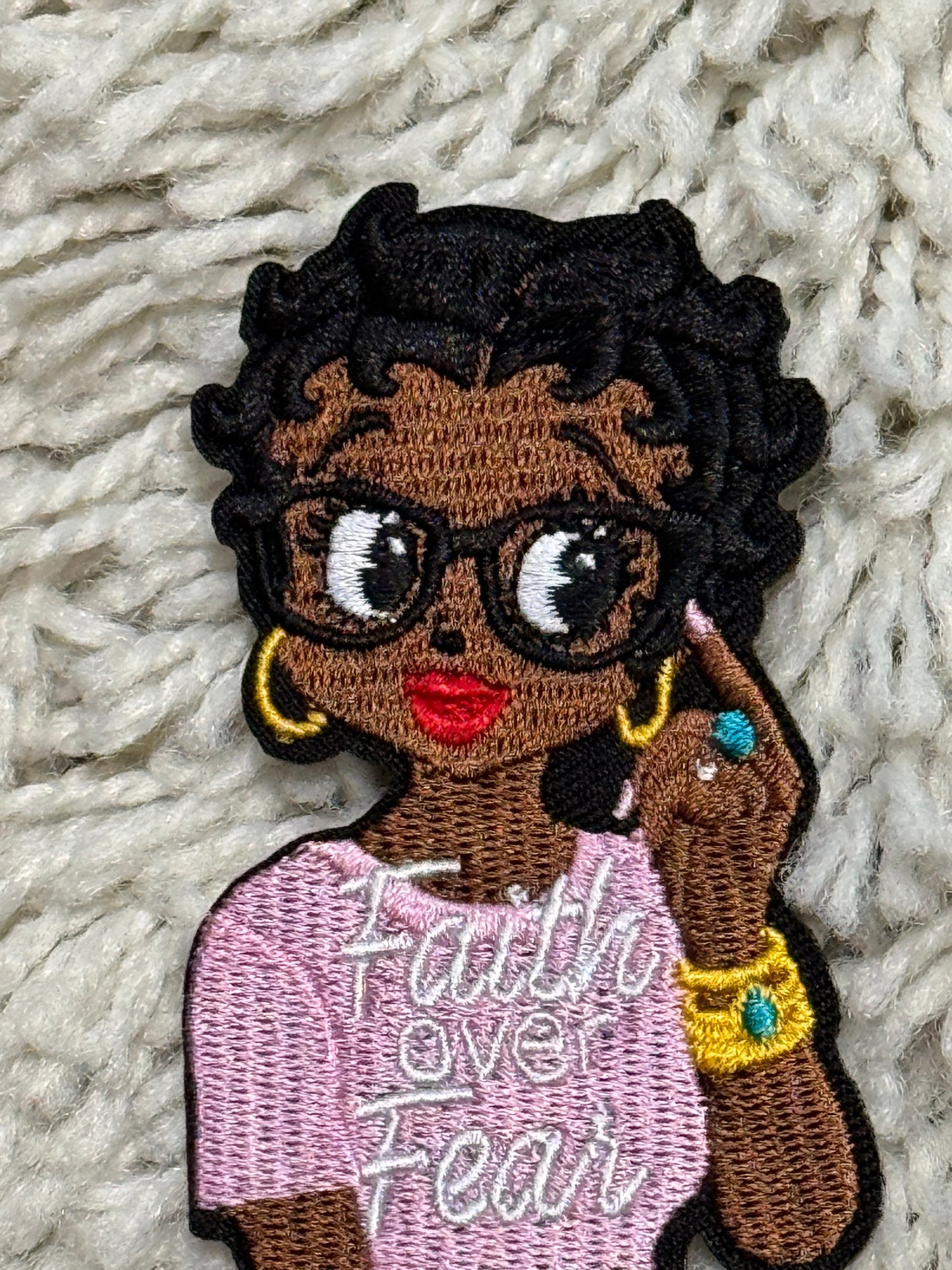 Faith over Fear embroidery lady in pink, faith,