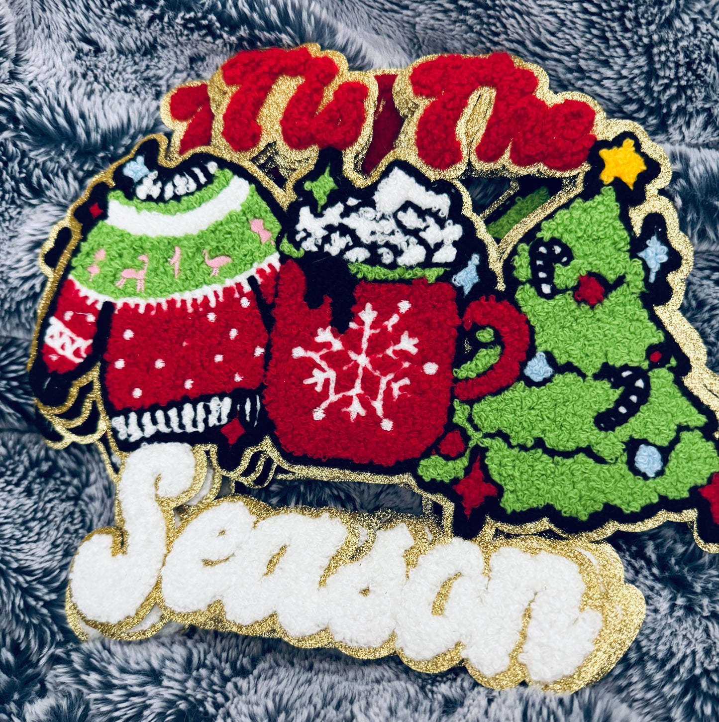 Tis the Season Holiday Patch- hot cocoa, Christmas tree and ugly sweater chenille design with white writing