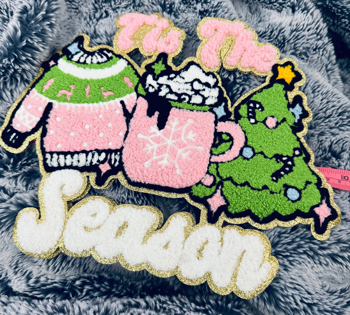 Tis the Season Holiday Patch- hot cocoa, Christmas tree and ugly sweater chenille design with white writing
