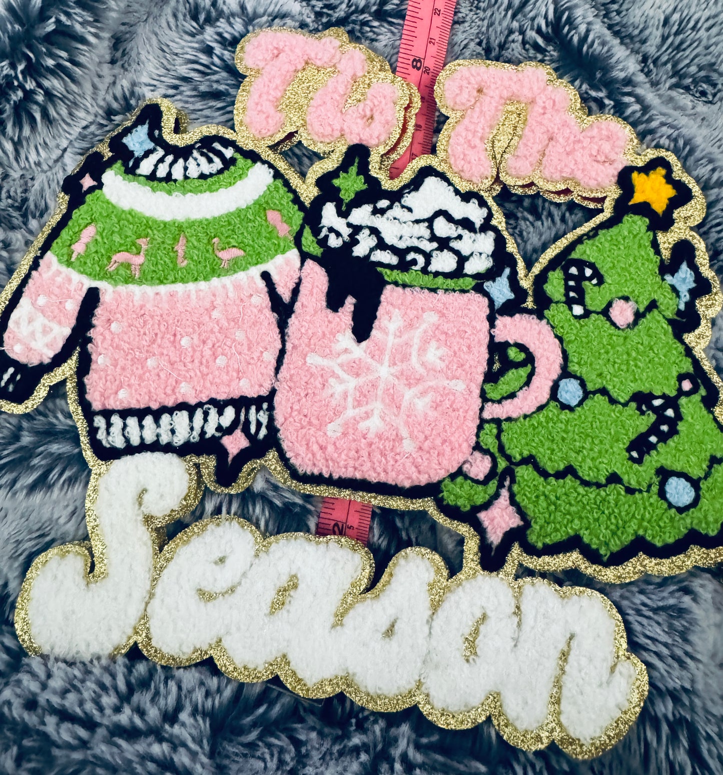 Tis the Season Holiday Patch- hot cocoa, Christmas tree and ugly sweater chenille design with white writing