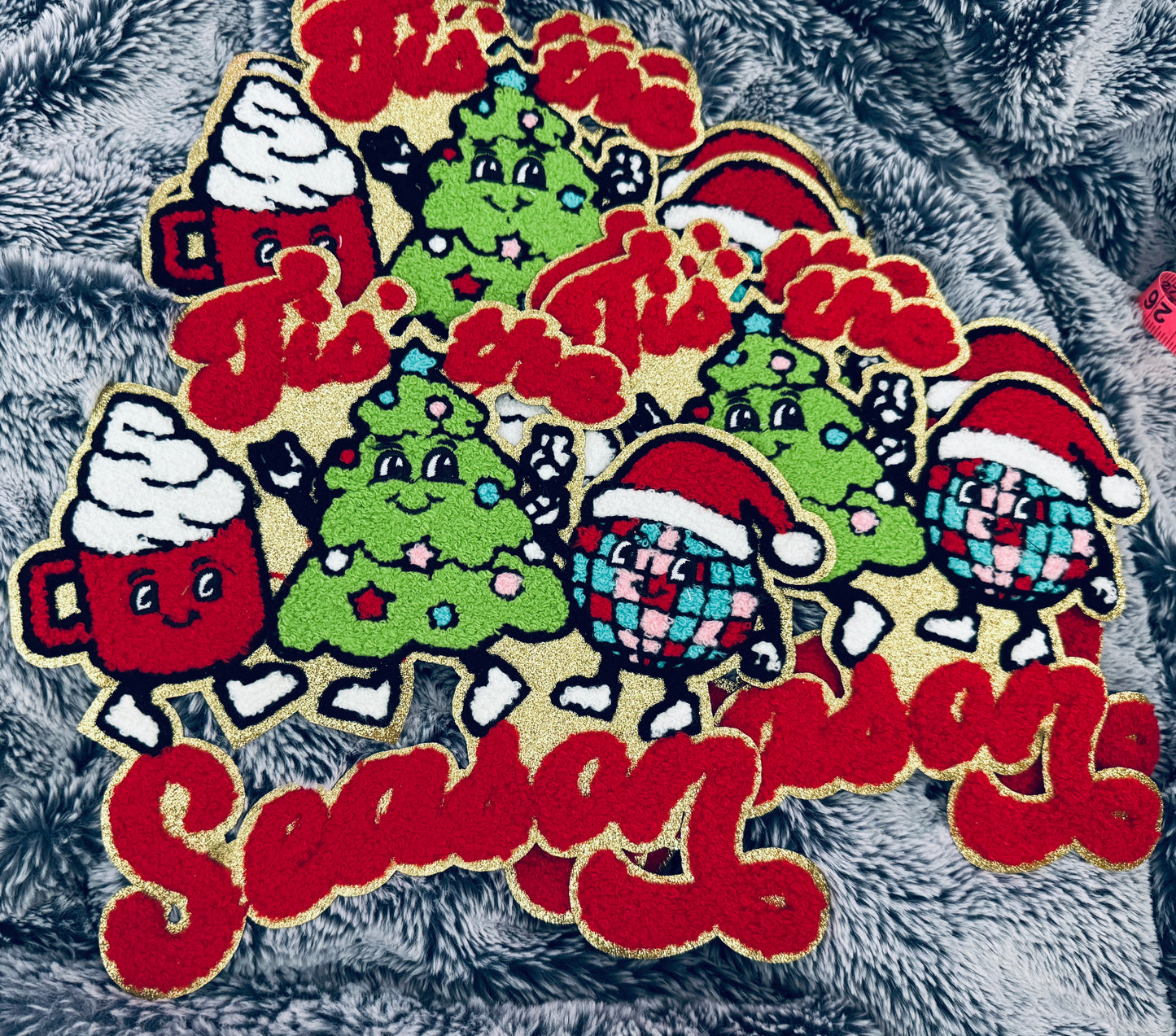 Tis the Season Holiday Patch- hot cocoa, Christmas tree and ugly sweater chenille design with white writing