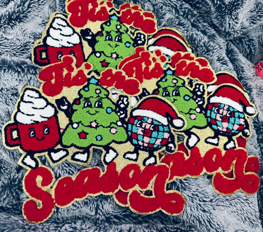 Tis the Season Holiday Patch- hot cocoa, Christmas tree and ugly sweater chenille design with white writing