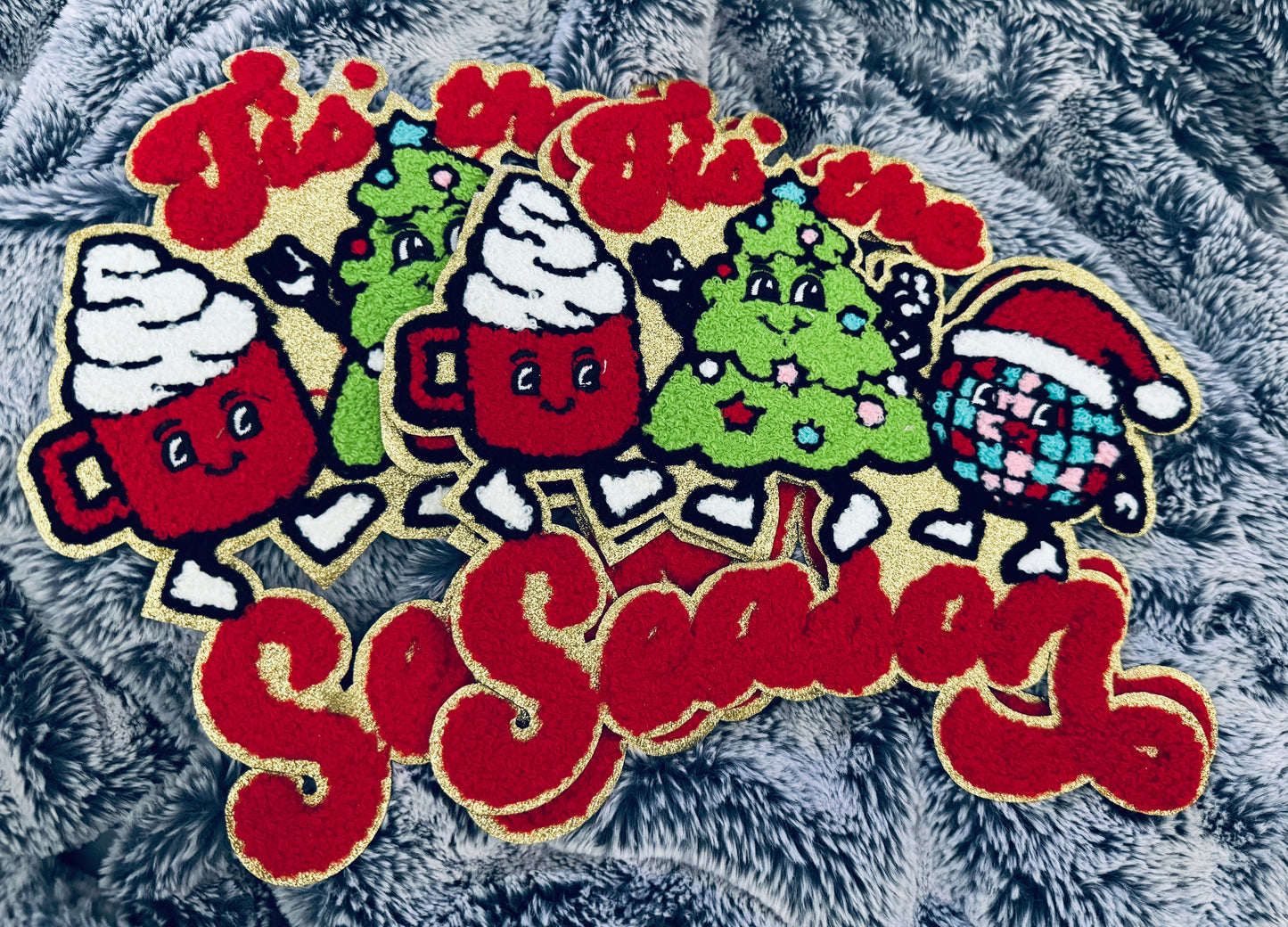 Tis the Season Holiday Patch- hot cocoa, Christmas tree and disco ballchenille design with red lettering