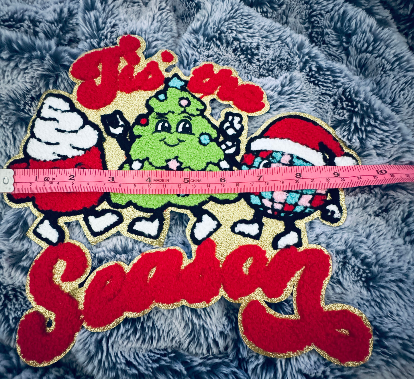 Tis the Season Holiday Patch- hot cocoa, Christmas tree and disco ballchenille design with red lettering
