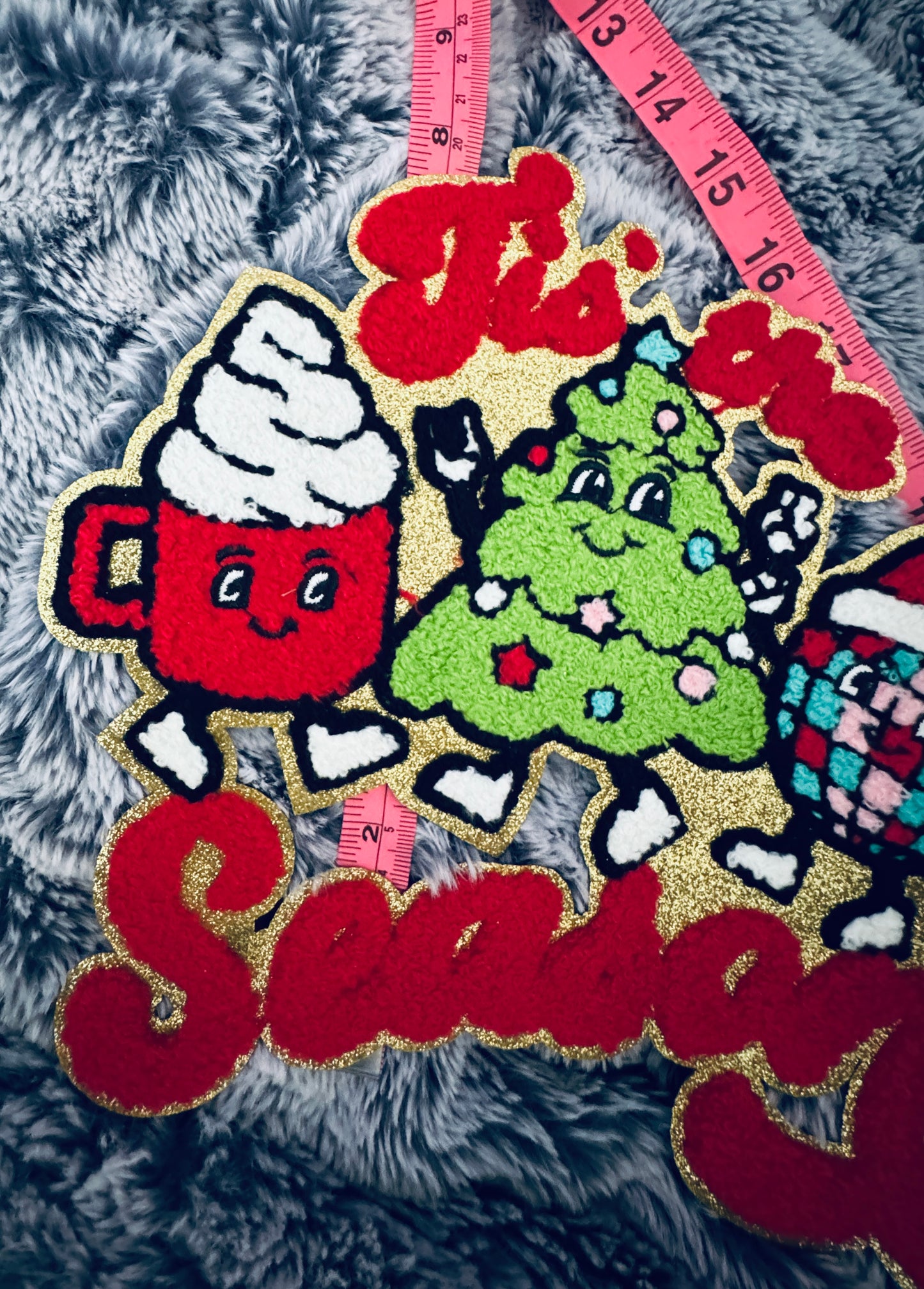 Tis the Season Holiday Patch- hot cocoa, Christmas tree and disco ballchenille design with red lettering