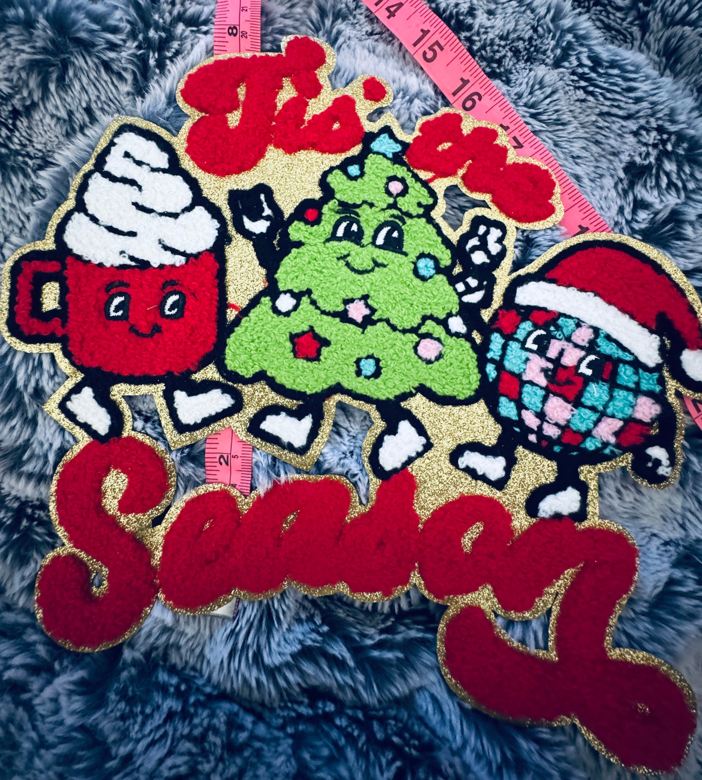 Tis the Season Holiday Patch- hot cocoa, Christmas tree and disco ballchenille design with red lettering