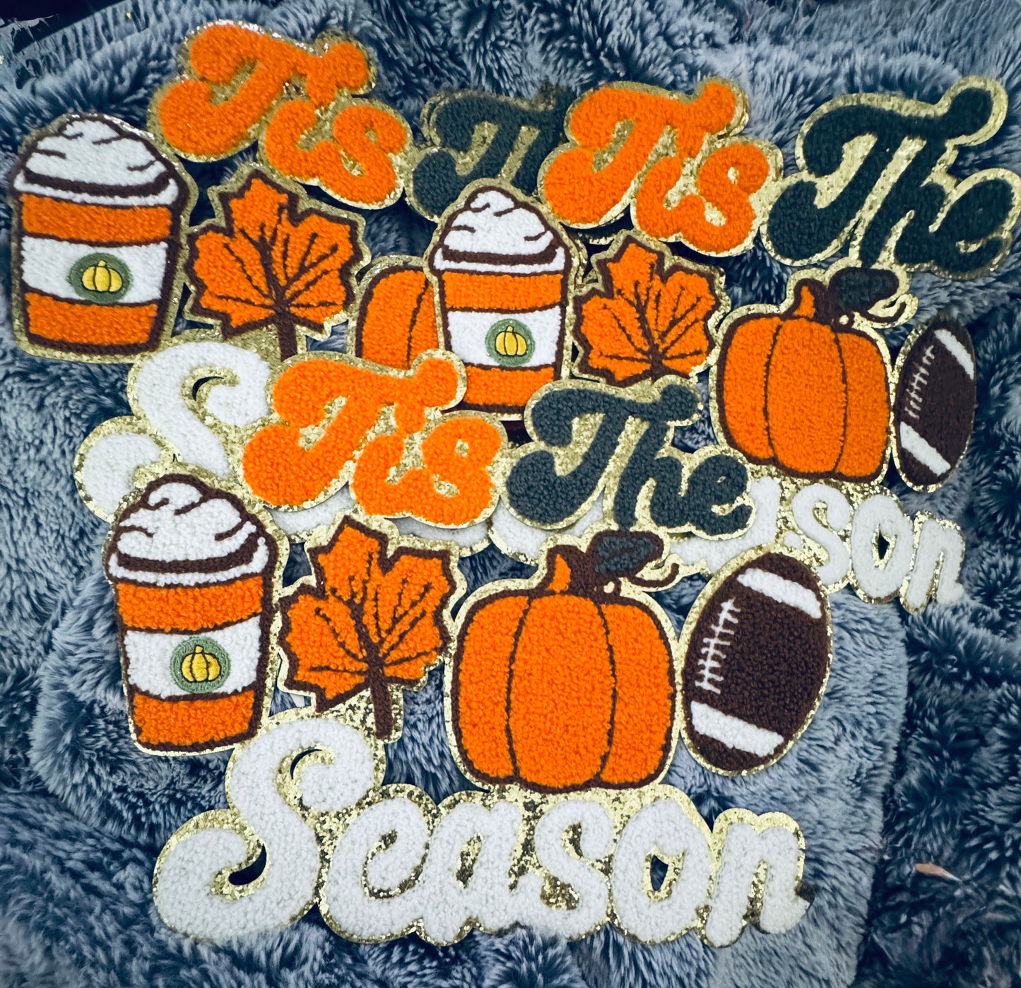 Chenille Tis the Season Fall Patch – Football, Pumpkin & Pumpkin Drink design