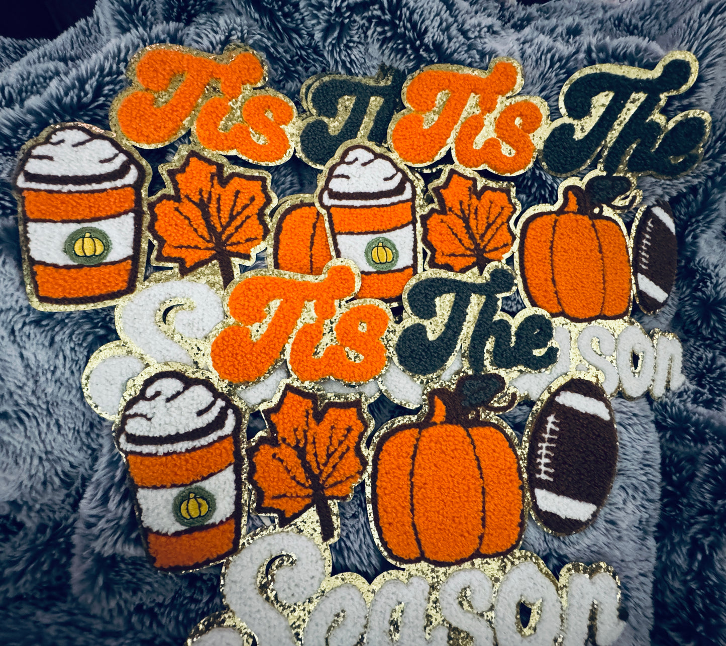 Chenille Tis the Season Fall Patch – Football, Pumpkin & Pumpkin Drink design