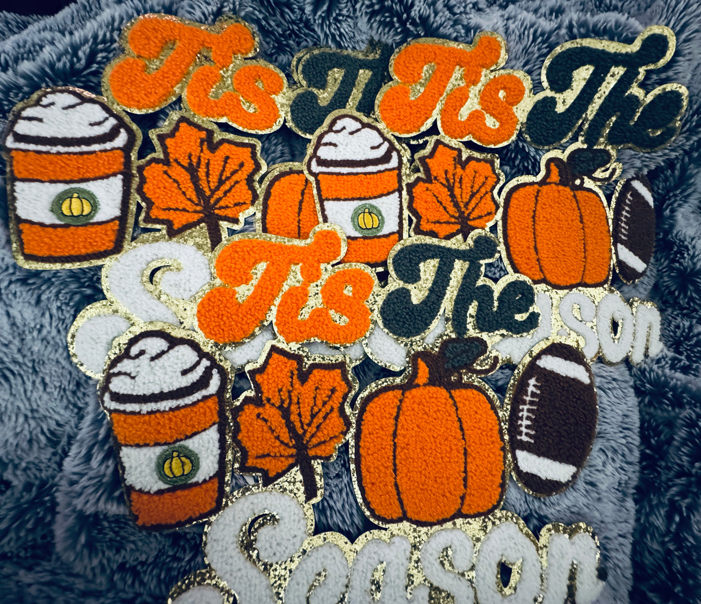 Chenille Tis the Season Fall Patch – Football, Pumpkin & Pumpkin Drink design