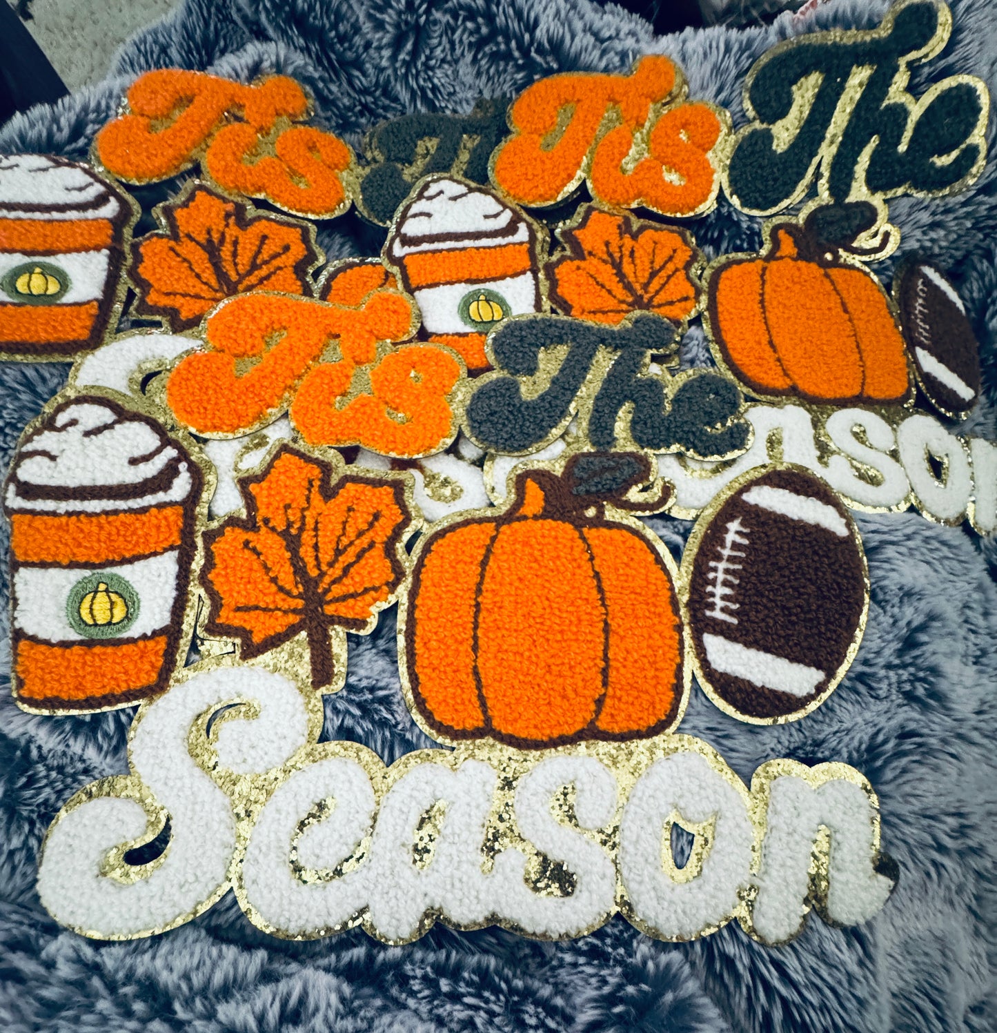 Chenille Tis the Season Fall Patch – Football, Pumpkin & Pumpkin Drink design