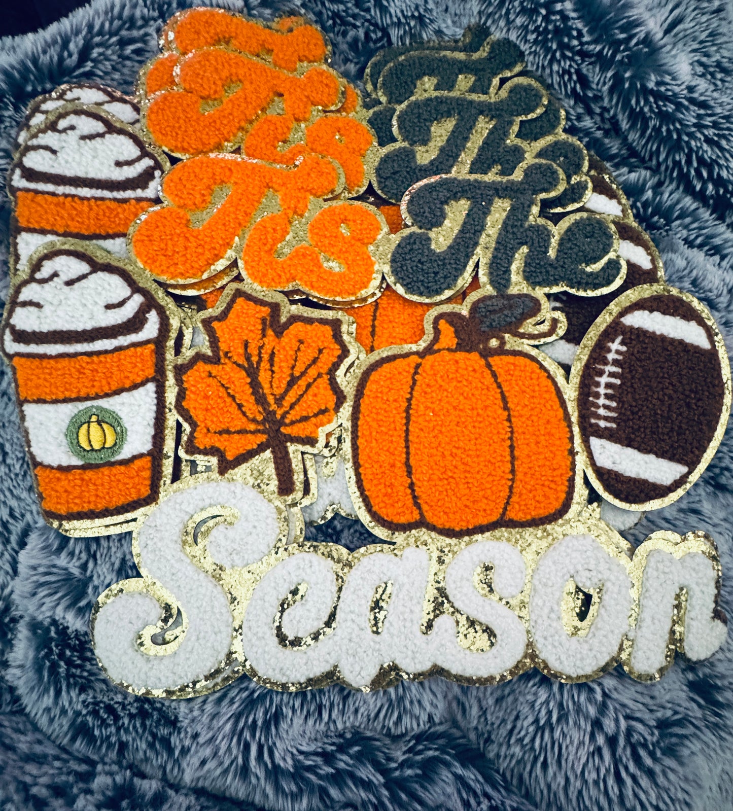 Chenille Tis the Season Fall Patch – Football, Pumpkin & Pumpkin Drink design