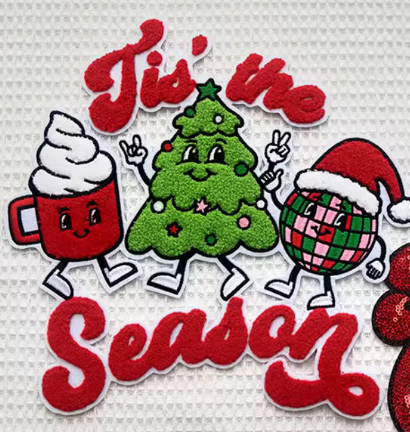 Tis the Season Holiday Patch- hot cocoa, Christmas tree and disco ballchenille design with red lettering