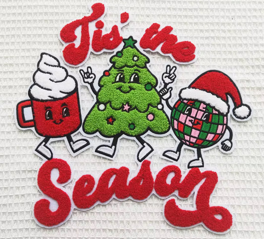 Tis the Season Holiday Patch- hot cocoa, Christmas tree and disco ballchenille design with red lettering