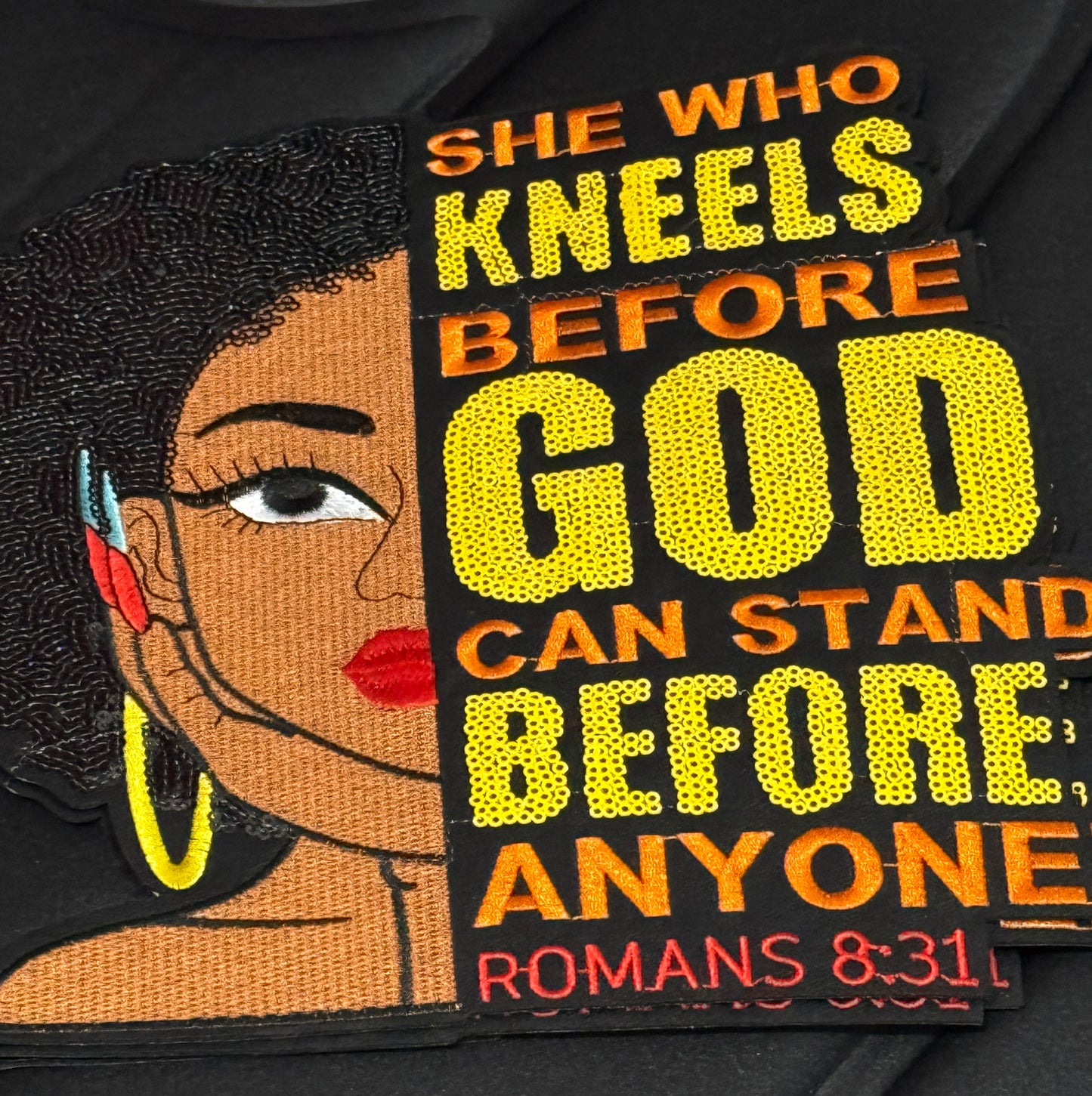 Large Sequin Christian Patch with a African American woman – “She Who Kneels Before God” Romans 8:31 -red or orange patch