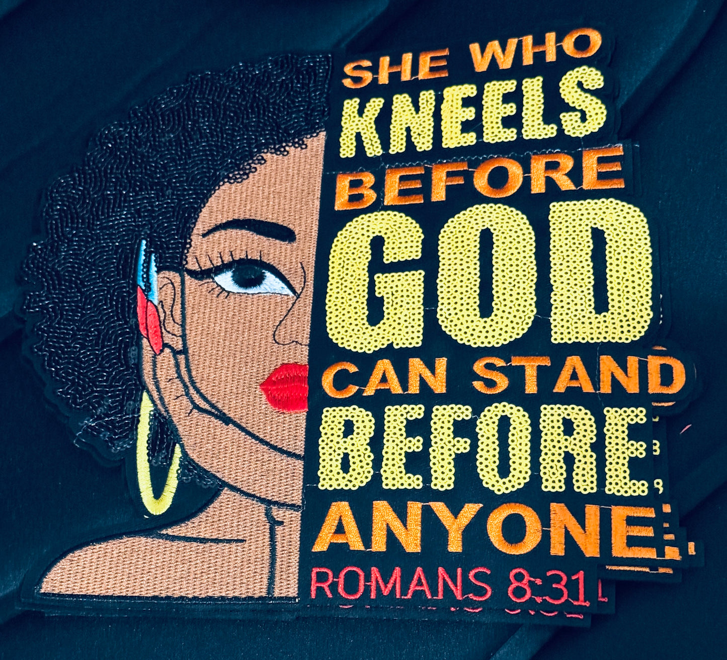 Large Sequin Christian Patch with a African American woman – “She Who Kneels Before God” Romans 8:31 -red or orange patch